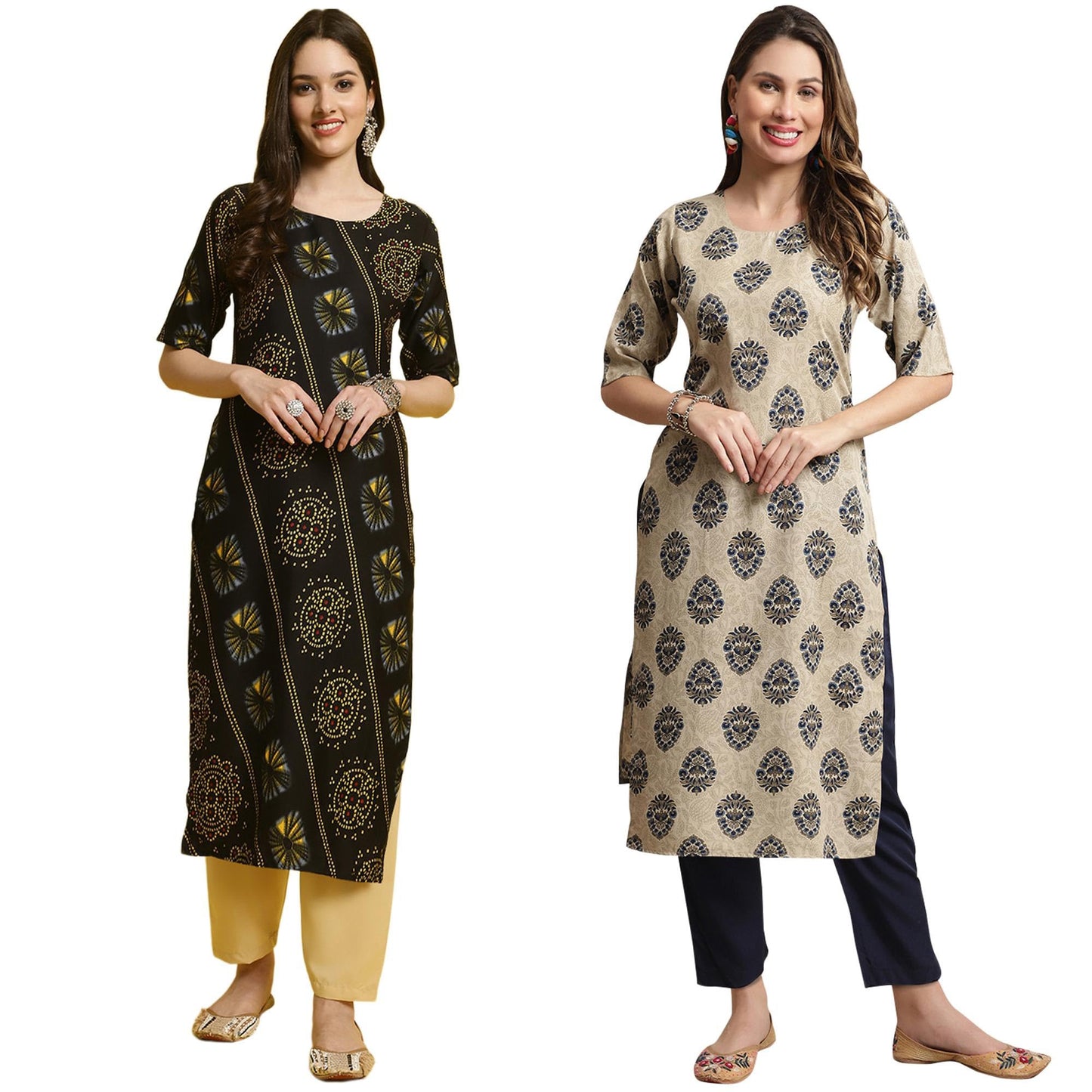 Pinkmint Printed Round Neck Kurta Set For Women Ll Kurti & Pant Set For Women Ll Regular Fit Kurta Set (Pack Of 2)