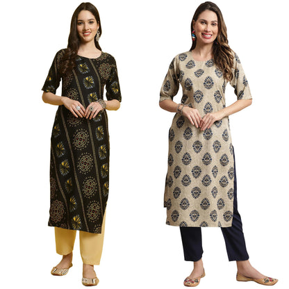 Pinkmint Printed Round Neck Kurta Set For Women Ll Kurti & Pant Set For Women Ll Regular Fit Kurta Set (Pack Of 2)