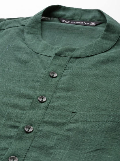 See Designs Green & White Cotton Regular Fit Kurta Set Madern Collar Stright Hem Side Full Sleeve Straght Kurta With Pyjama_Sdkt