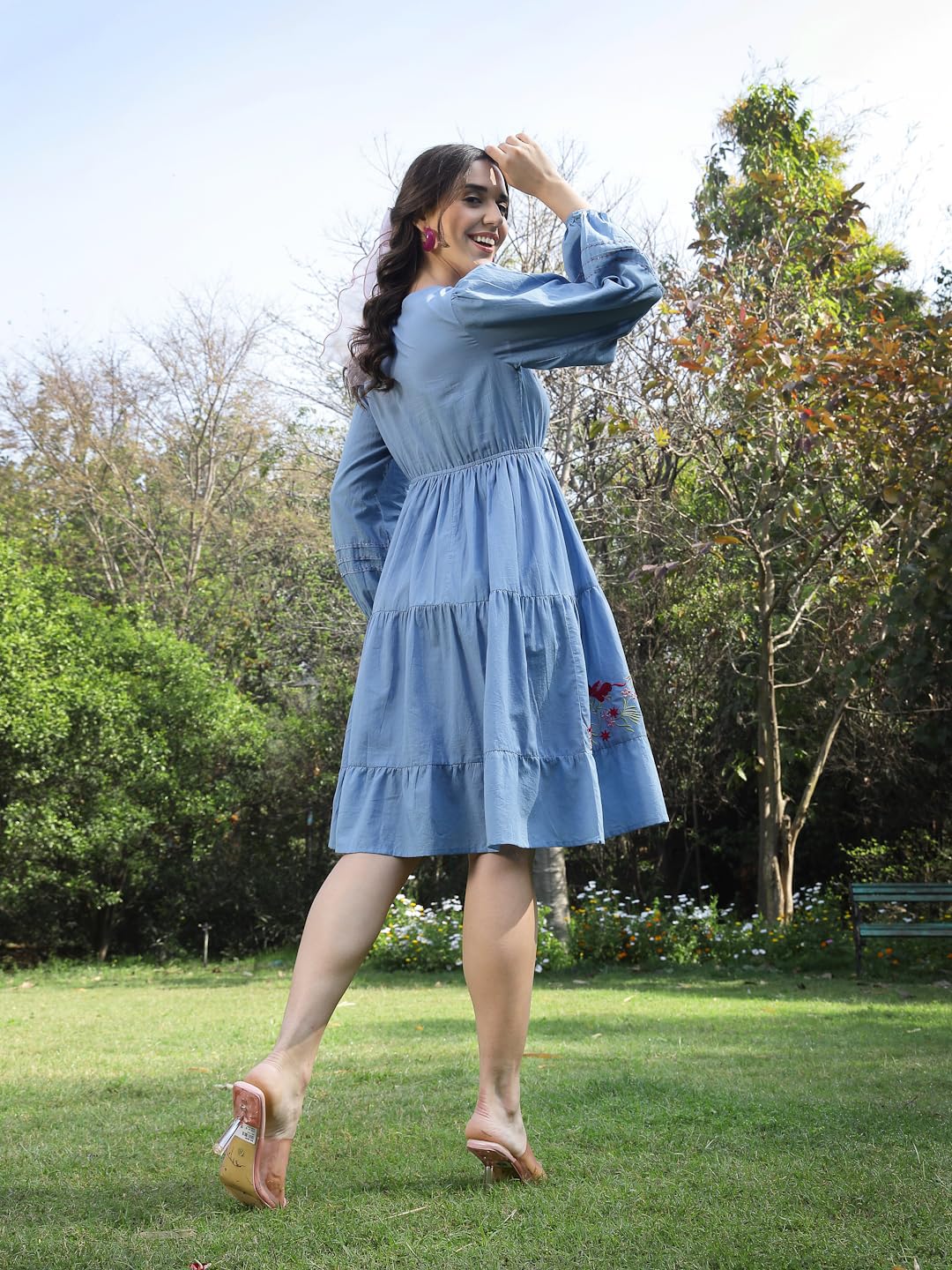 Stylum Womens Solid & Embroidered Cotton Tiered Dress