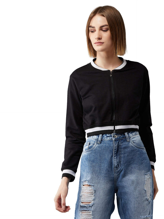 Dolce Crudo Womens Black V-Neck Full Sleeves Loopknit, Rib Solid Bomber Cropped Jacket( DOAW19JKT02-99-62-05_Black_L)