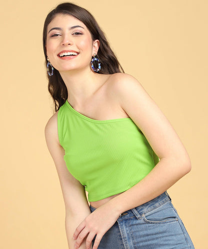 POPWINGS Women Casual Lime Green Self Design Rib One Shoulder Sleeveless Crop Top