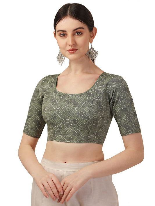 Oomph! WomenS Indian Ethnic Wear Designer Bandhani Pattern Boat Neck Half Sleeve Cotton Green Blouse For Saree Or Lehnga And Bl