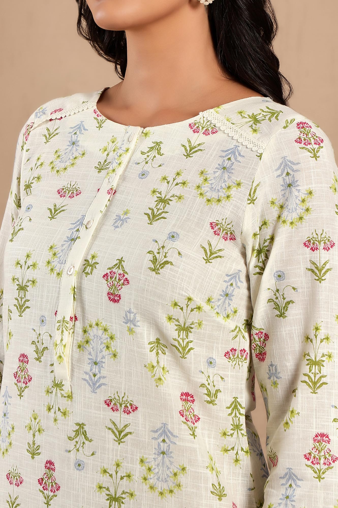 W Ecru Floral Printed Lace Cotton Kurta and Pant Set for Women