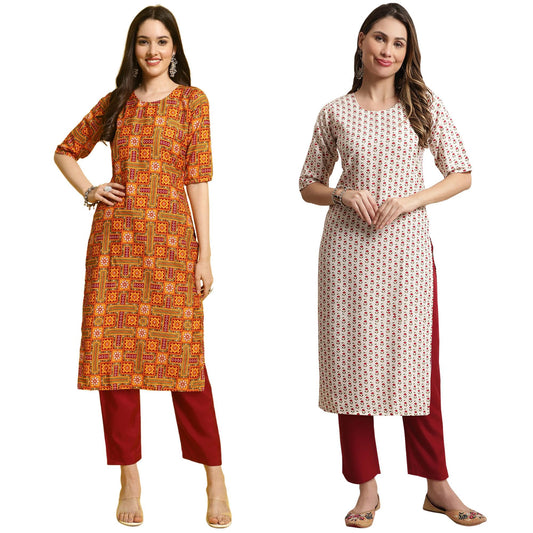 Pinkmint Printed Round Neck Kurta Set For Women Ll Kurti & Pant Set For Women Ll Regular Fit Kurta Set (Pack Of 2) Blue-Orange