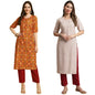 Pinkmint Printed Round Neck Kurta Set For Women Ll Kurti & Pant Set For Women Ll Regular Fit Kurta Set (Pack Of 2) Blue-Orange