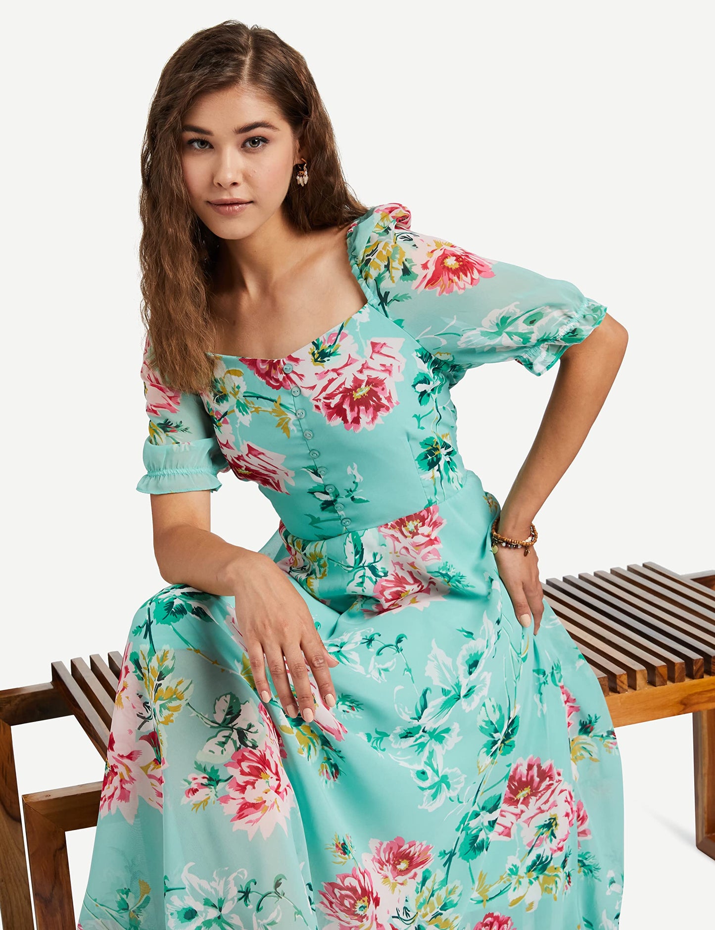 Rare Women'S Georgette Fit And Flare Maxi Casual Dress (Ep6218_Green)
