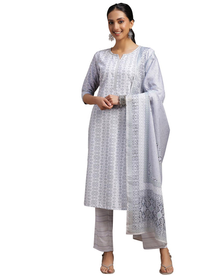 Libas Womens Embroidered Cotton Blend Straight Kurta With Palazzos And Dupatta