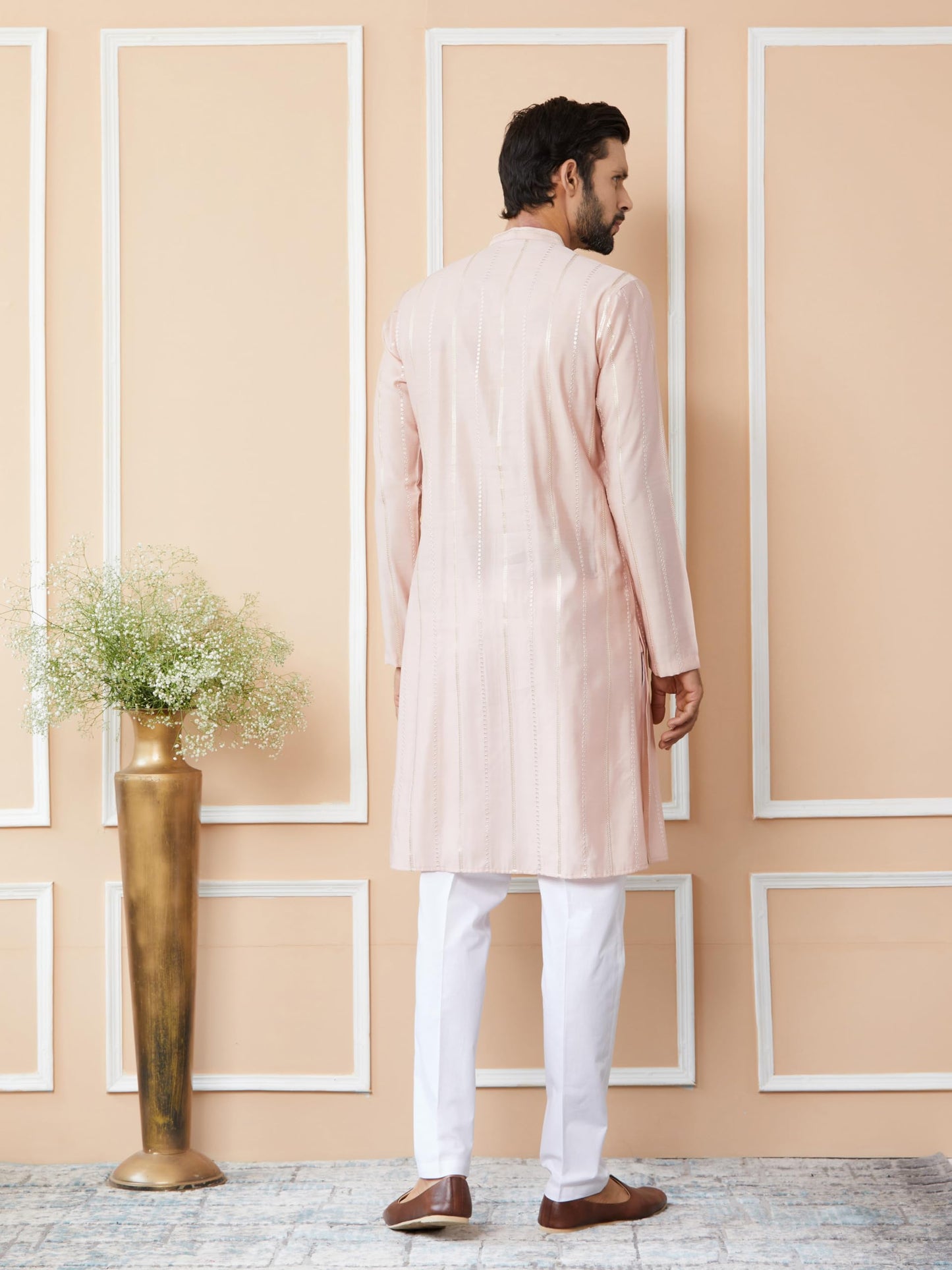 See Designs MenS Long Sleeve Mandarin Collar Side Slit Light Pink Sequins Embroidered Pure Chanderi Silk Straight Kurta - Sdkt2
