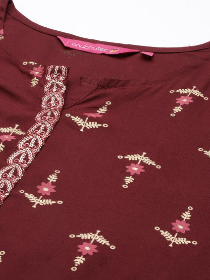 anubhutee Women's Rayon Maroon Sequinned Ethnic Motifs Printed Straight Kurti