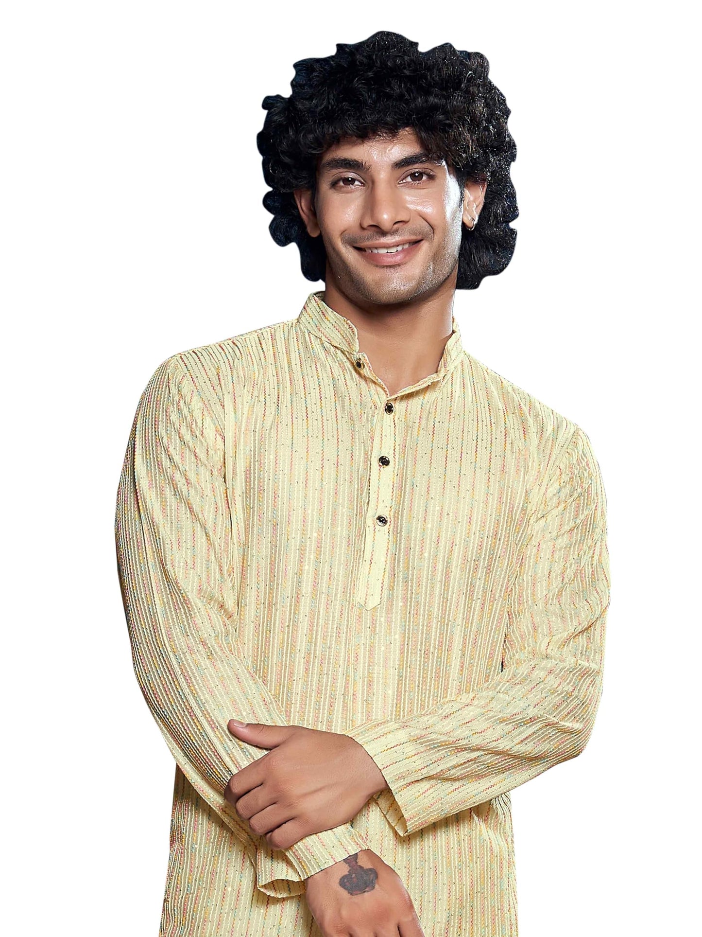 Vardha MenS Viscose Sequin Embellished Stitched Kurta, White Pattern Thread Work Mandarin Collar Long Sleeves Straight Kurta, A