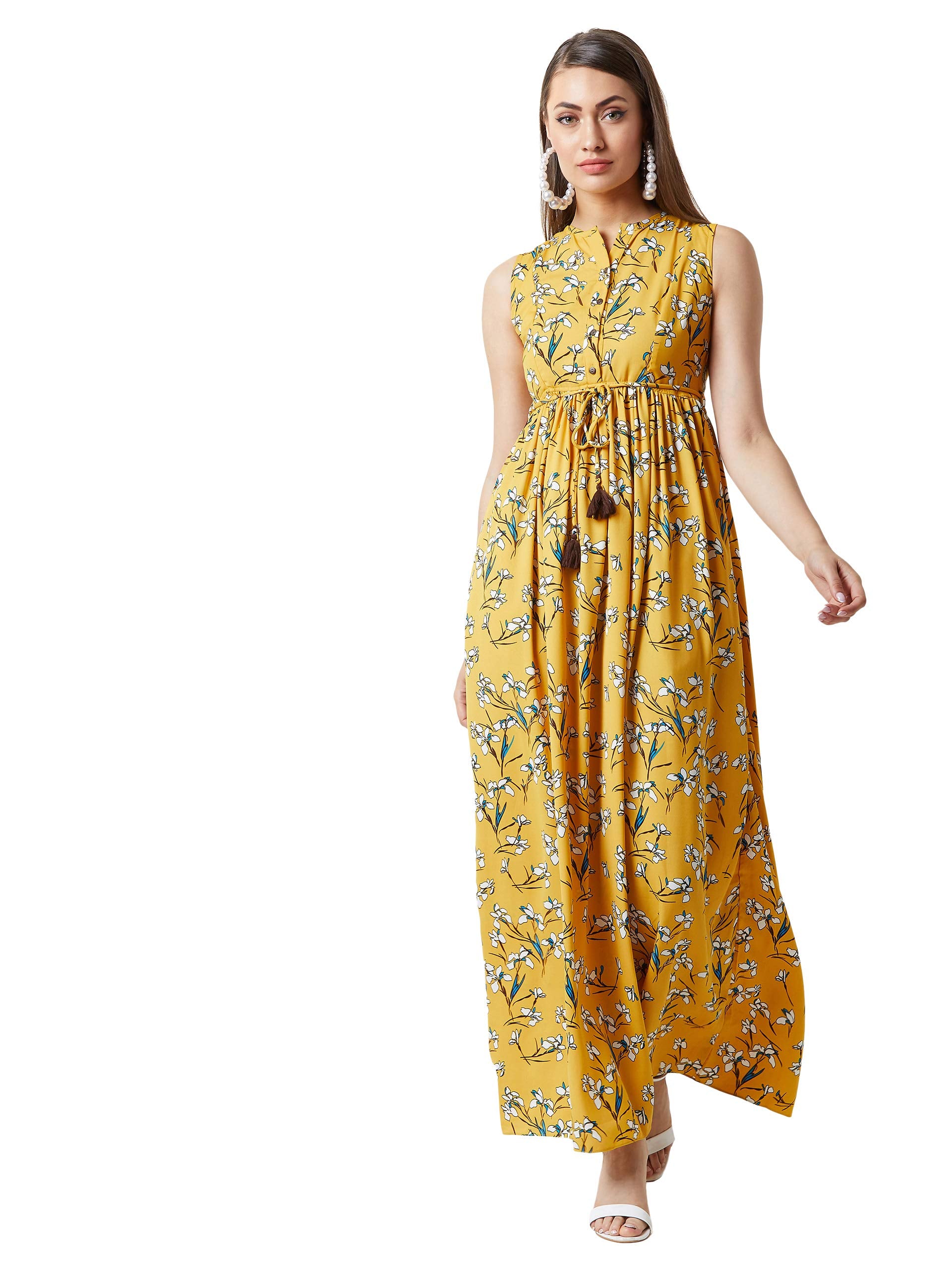 Miss Chase WomenS Denim Empire Dress(Mcss19D12-84-164-04,Multicolor Base Yellow,Medium)