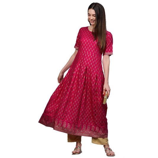 ANNI DESIGNER Women's Rayon Printed Anarkali Kurta (NINECOLOR Pink-STY)