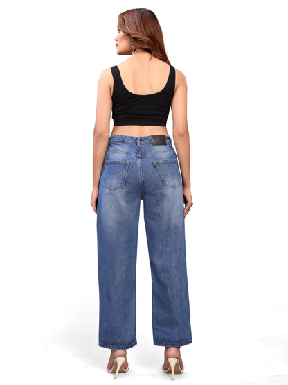 ELLITI Womens Knee Cut Stone Blue(Dark Blue) Regular Fit High Rise Relaxed/Boyfriend Fit, Wide Leg, Bell Bottom, Pure Denim Bel