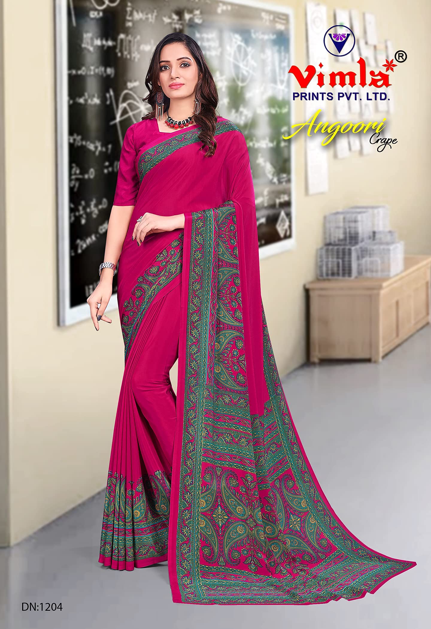 Vimla WomenS Multi Crepe Silk Uniform Saree With Blouse - Elegant Office Wear, Comfortable And Durable, Vibrant Colors, Easy Ma