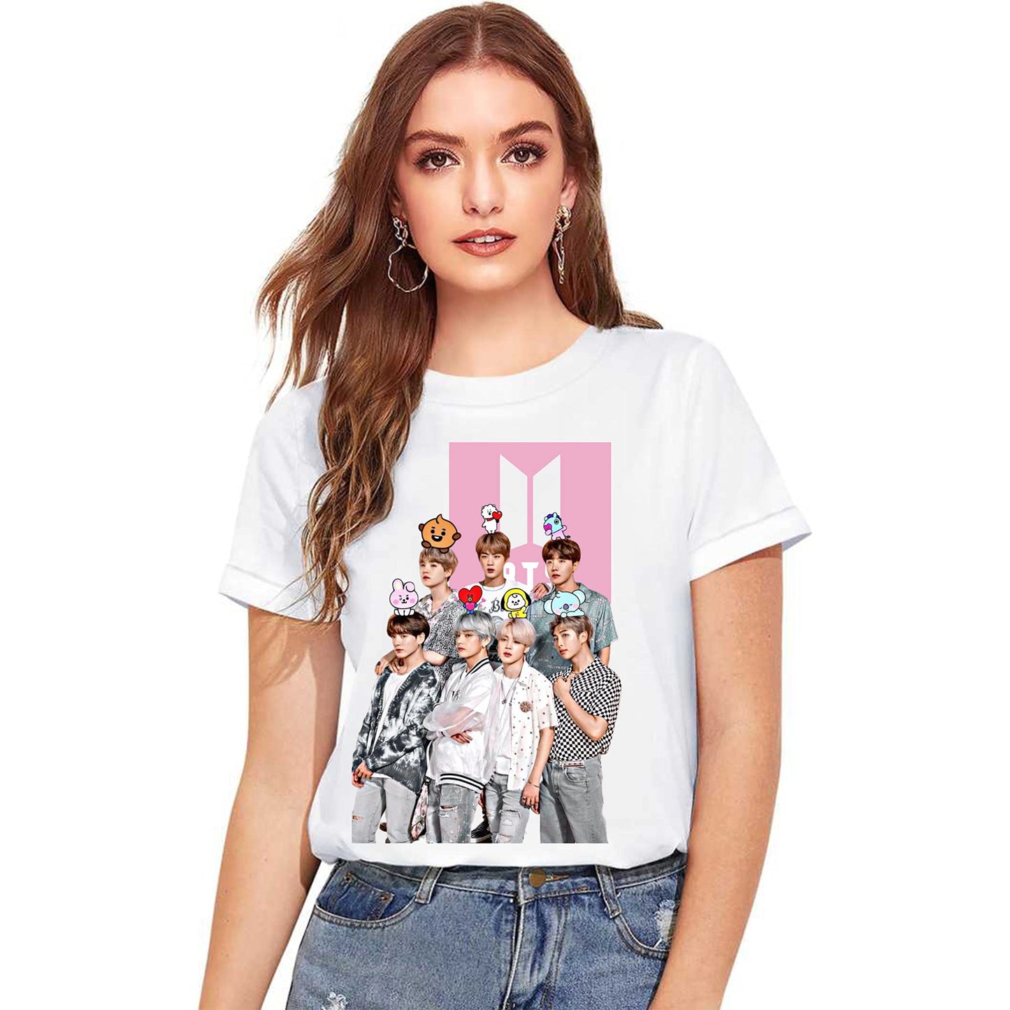 Uniplanet Store WomenS Cotton Blend T Shirt With Graphic Pattern Round Neck Half Sleeves Bts Theme Regular Fit And Standard Len