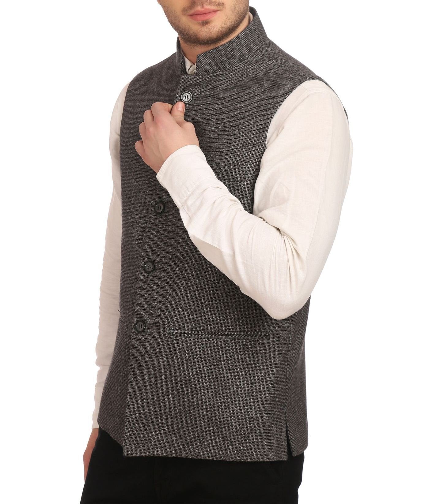 WINTAGE Mens Tweed Bandhgala Festive Nehru Jacket Waistcoat Grey