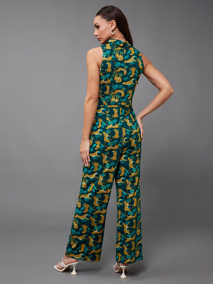 Miss Chase WomenS Shirt Collar Sleeveless Animal Printed Regular Length Jumpsuit With Pockets (Mcss24D19-43-306-02, Multicolore