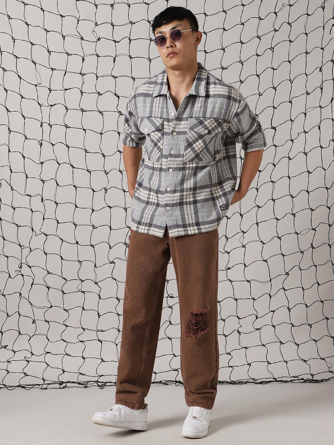 Hubberholme Men Cotton Check Oversized Fit Spread Collar Full Sleeves Casual Shirts
