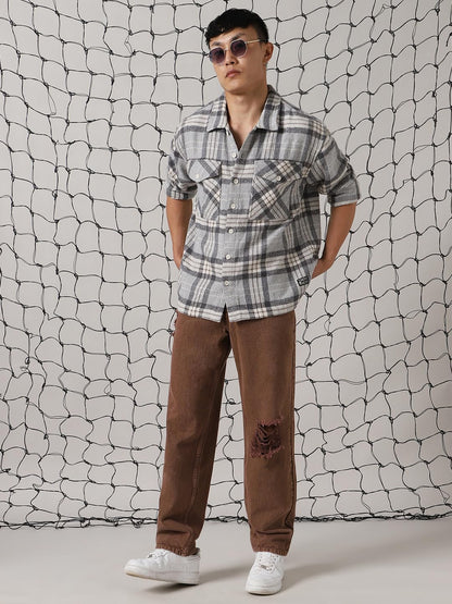 Hubberholme Men Cotton Check Oversized Fit Spread Collar Full Sleeves Casual Shirts