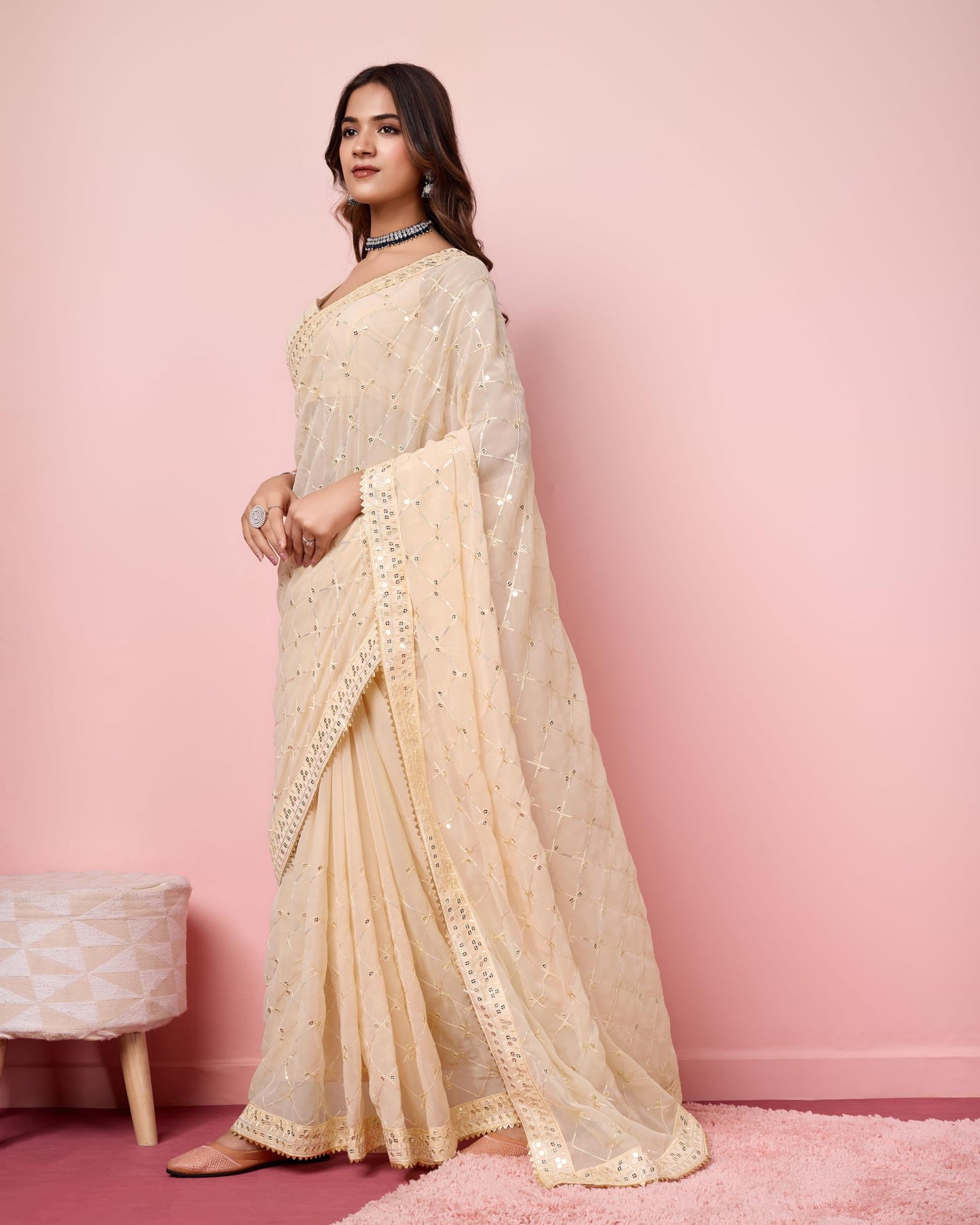 Vairagee Women Soft Georgette Emroidery Saree With Sequence Lace Unstitched Blouse (6236)