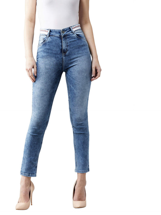 Dolce Crudo Womens Light Blue Slim Fit High Rise Regular Length Light Wash Twill Tape Detailing Denim Stretchable Jeans(DOSS18D
