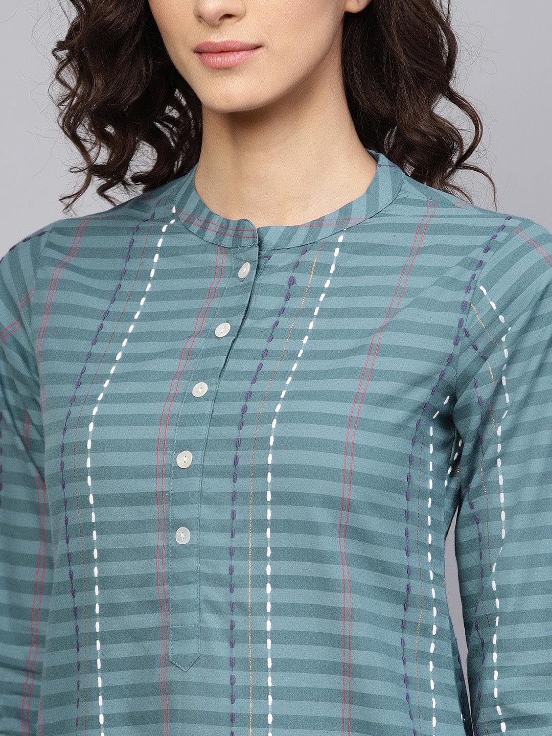 Libas Womens Pure Cotton Striped Straight Kurta (8013MJ_Grey