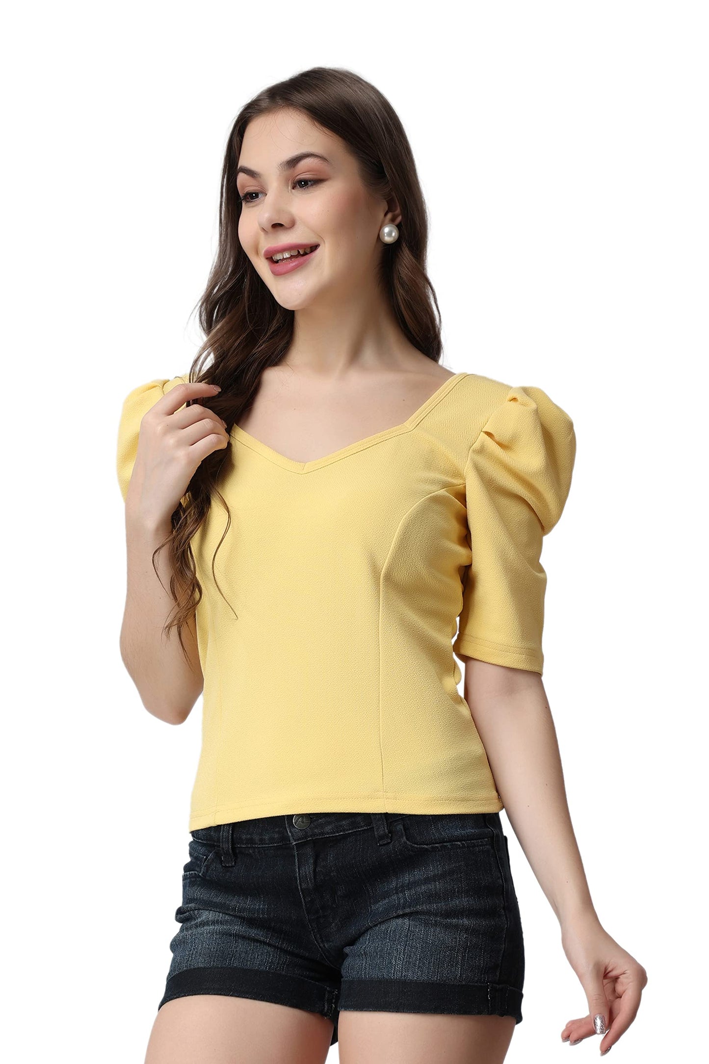 POPWINGS Casual Lime Yellow Top for Women || Cute Puff Half Sleeves Women Top for Summer || V-Neck Top for Women || Stylish Late