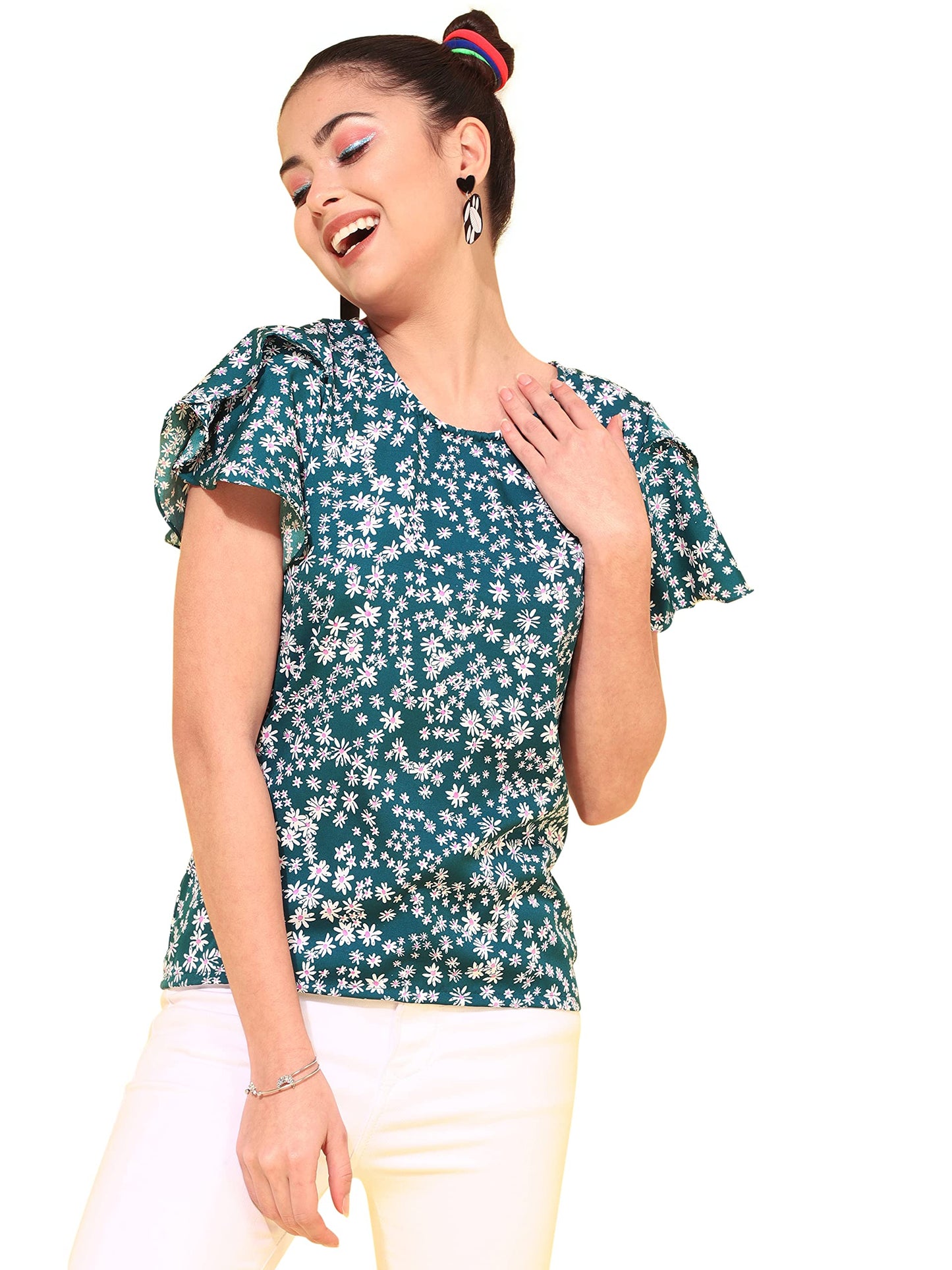 OOMPH! Womens Crepe Printed top with Boat Neck and Butterfly Sleeve