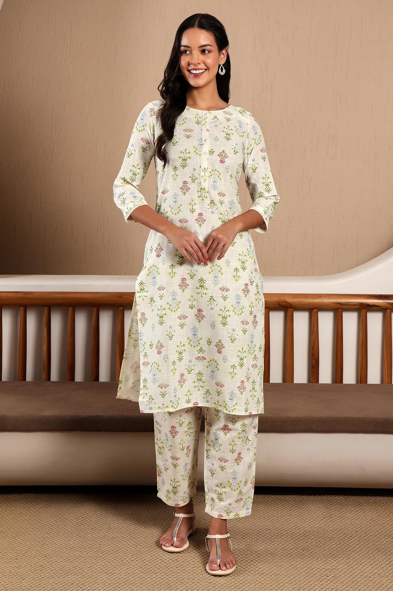 W Ecru Floral Printed Lace Cotton Kurta and Pant Set for Women