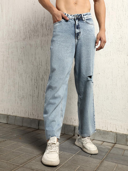 Hubberholme Men Summer Cotton Wide Leg Mid-Rise Jeans 14 Blue