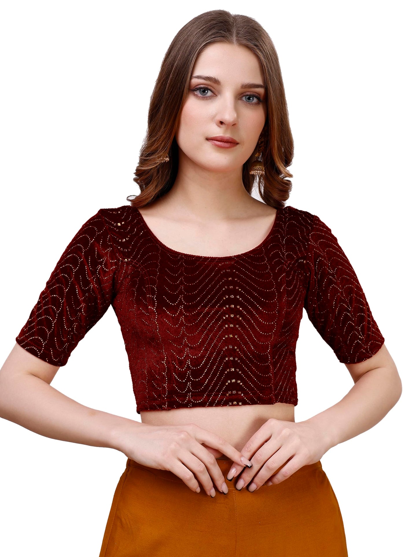 Vihu Fashion WomenS Readymade Hosiery Velvet Lycra Stretchable Round Neck Half Sleeve Blouse With Jari Work Fancy Maroon Color