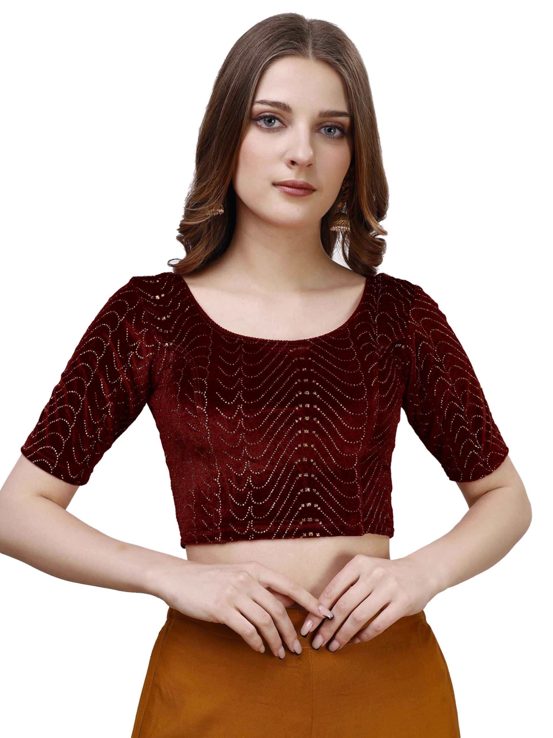 Vihu Fashion WomenS Readymade Hosiery Velvet Lycra Stretchable Round Neck Half Sleeve Blouse With Jari Work Fancy Maroon Color