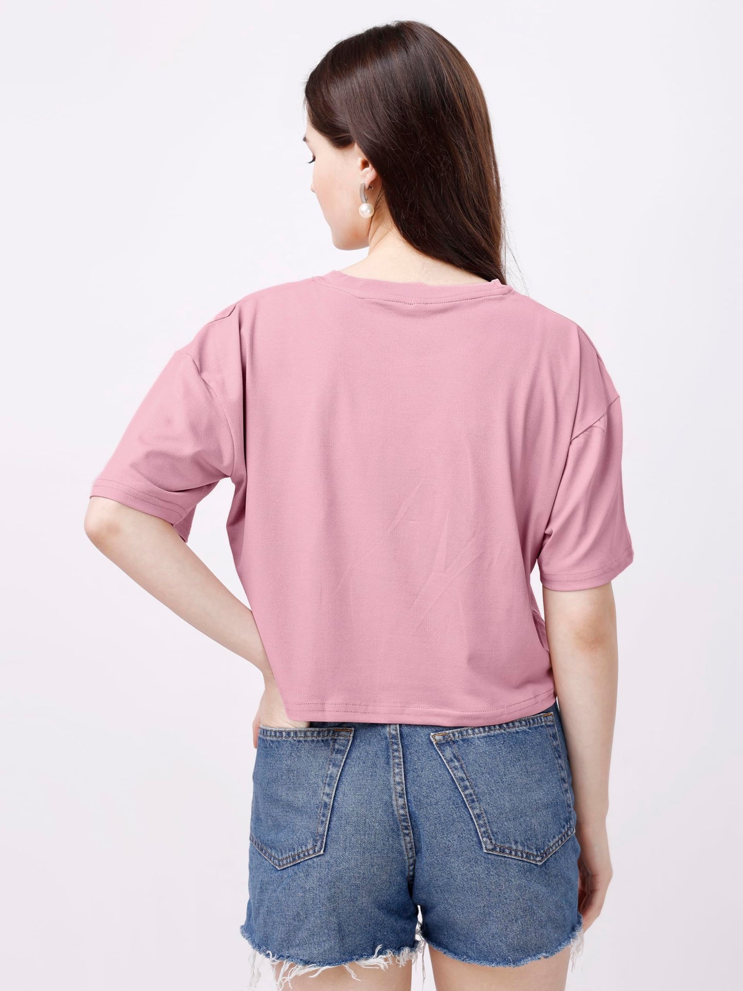 ELLITI Soft Rich Cotton Rose Gold Half Sleeve | Round Neck | Oversized/Loose Fit | Down Solder | US Flage Print Crop Top for Wom