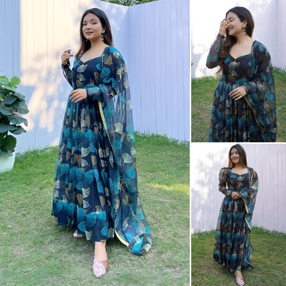 Anveri Textiles WomenS Georgette Floral Printed Kurta Set | V Neck Full Sleeves Regular Fit Flared Ankle Length Kurta And Print
