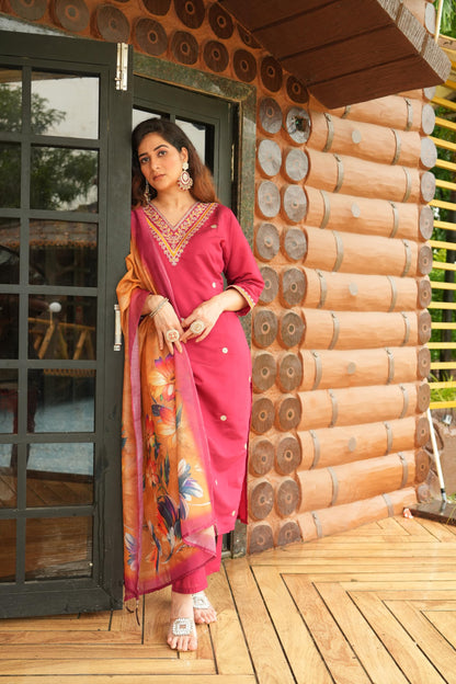 Rieka Women Embroidered Kurta Set With Floral Printed Dupatta & Straight Pant | Ethnic Wear Set For Women | Silk Blend Kurta Set