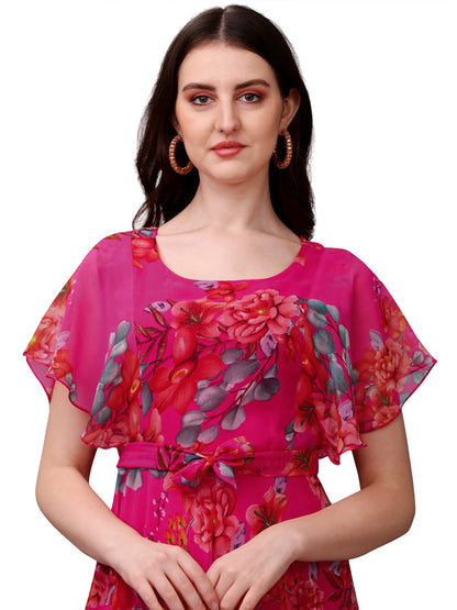 Fashion2wear Womens Georgette Digital Floral Printed Full-Length Fit & Flare Long Gown Dress | Short Sleeve | Dress for Women (