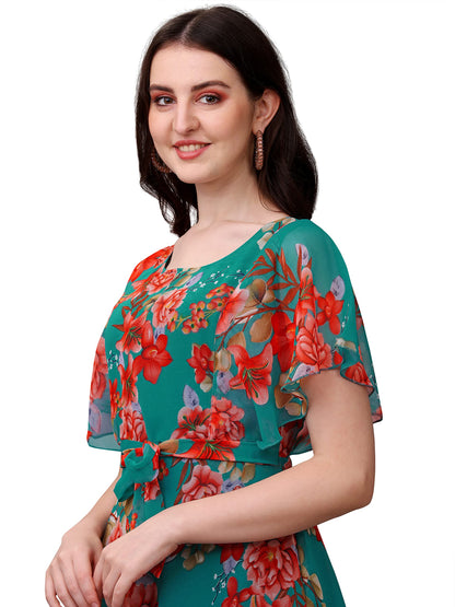 Fashion2wear Womens Georgette Digital Floral Printed Full-Length Fit & Flare Long Gown Dress | Short Sleeve | Dress for Women (