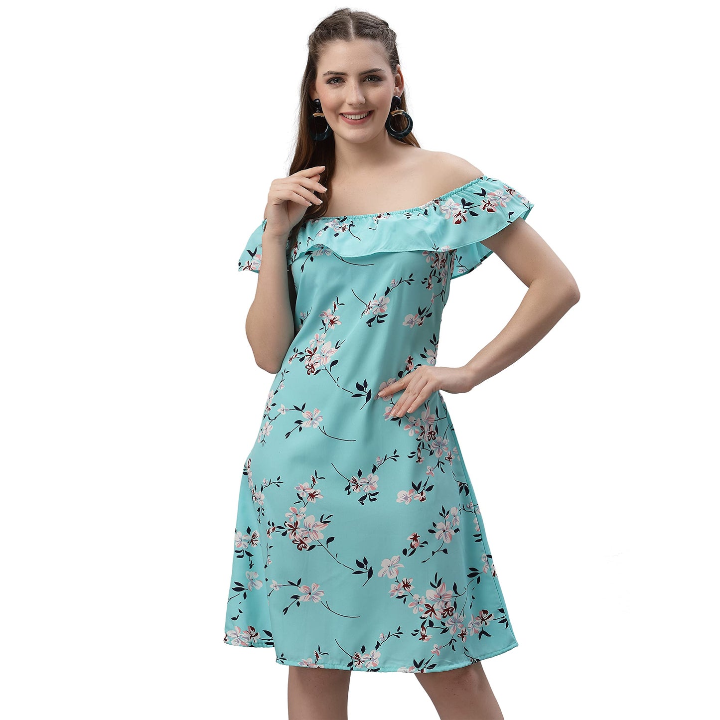 Oomph! WomenS Western & Fusion Wear Mini/Short A-Line Light Green Dress In Crepe Fabric With Off Shoulder And Off Shoulder Slee