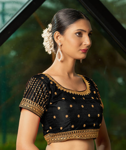 Pujia Mills WomenS Black Readymade Blouse Embroidery Multi Coding Gold Thread Indian Ethnic Designer Blouse Stitched WomenS Re