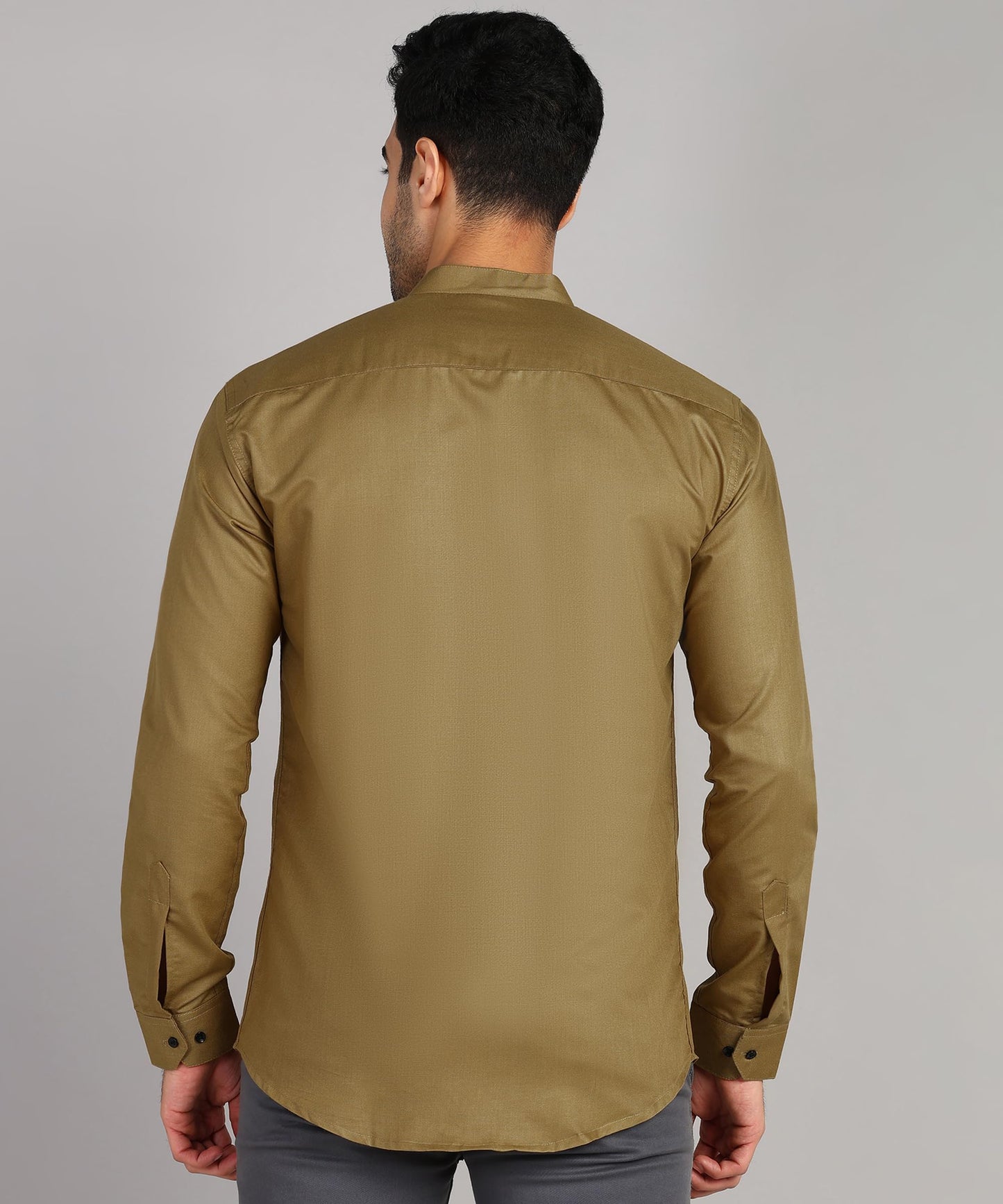 Mildin MenS Regular Cotton Blend Brown Slim Fit Solid Button Down Mandarin Chinese Collar Full Sleeve Curved Hemline Casual Shi