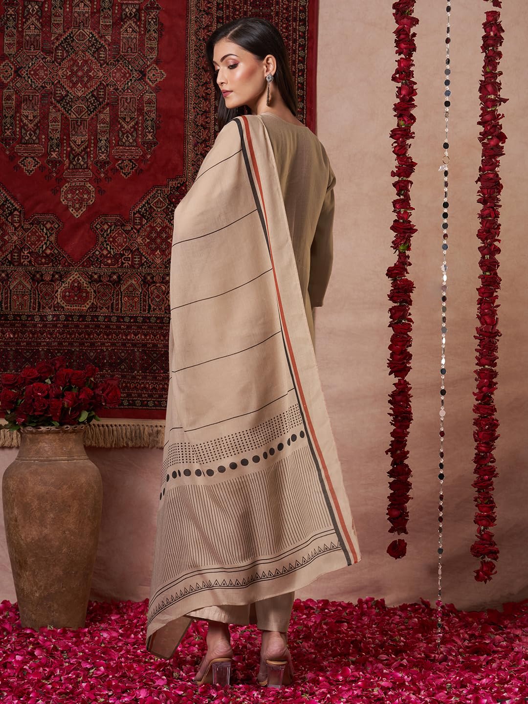 GoSriKi Women's Viscose Straight Kurta with Trousers & Dupatta, Size 46, Beige, Model Raja Saab Beige-VKS13-GS