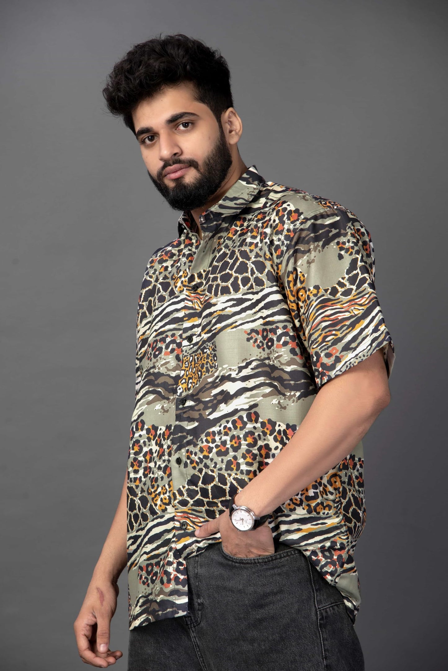 Brown Culture MenS Cotton Blend Abstract Print Shirt With Spread Collared Half Sleeves Standard Length And Button Down Closure
