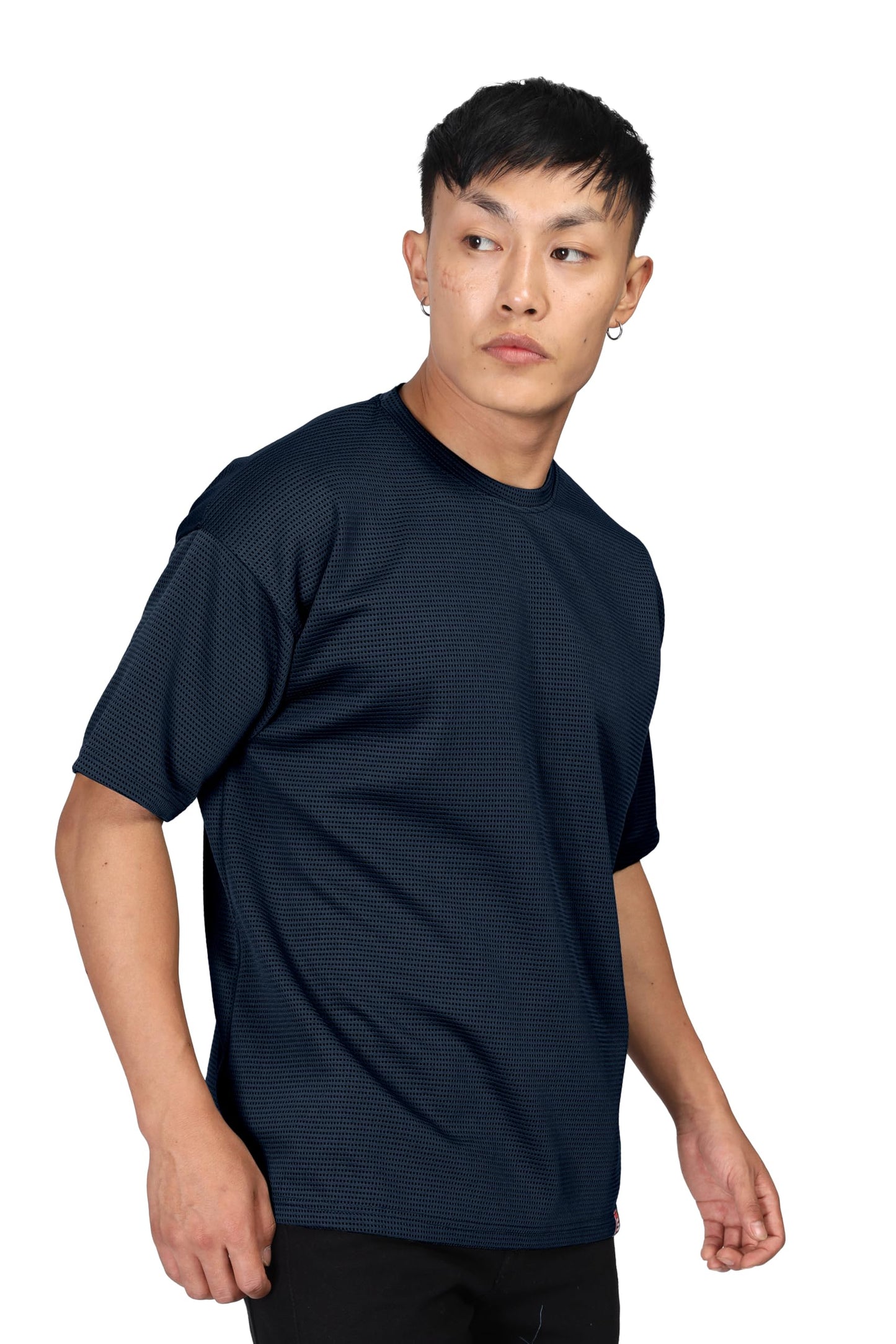 SHODOX Mens Solid Dotted Unique Design Oversized Tshirt for Men - Round Neck Loose Fit Drop Shoulder Mens T-Shirt Navy