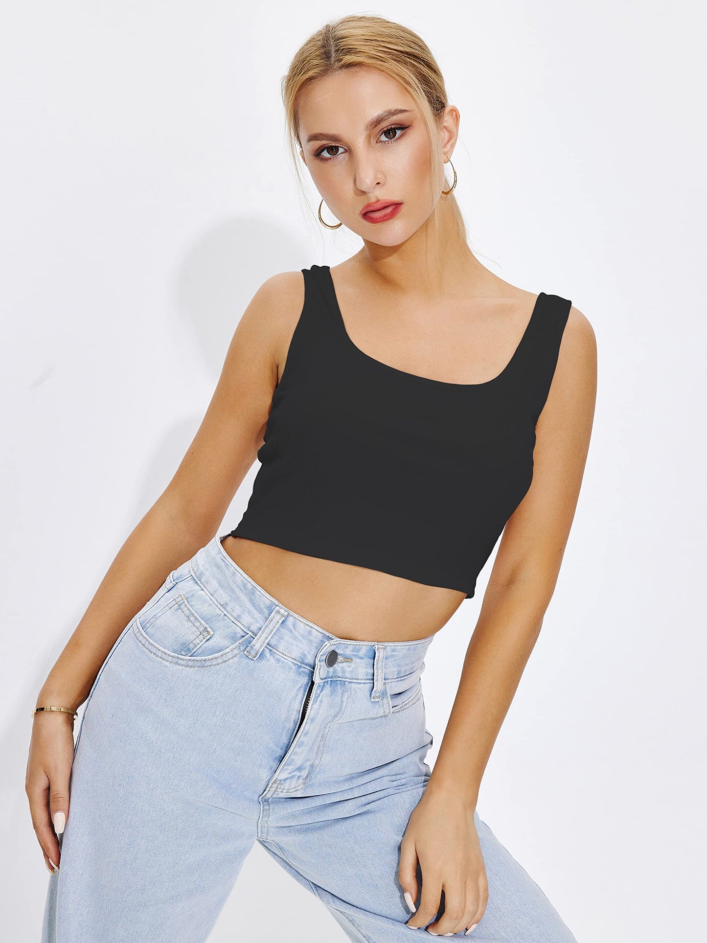 Shasmi Womens & Girls Solid Ribbed Square Neck Collarless Sleeveless Slim Fit Simplicity Tank Tops (Pack of 2) (TOP 36 Black B