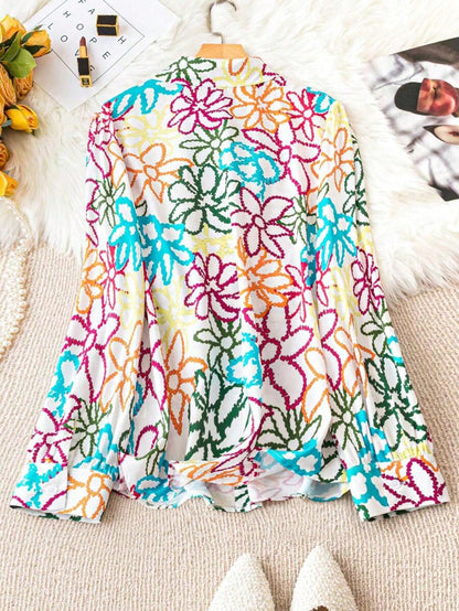 Shasmi Girls & Womens Solid White Colorful Casual Fit Lapel Cardigan Shirt Colorful Flower Printed Long Sleeve Shawl Collared