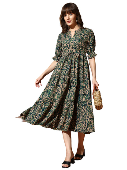 Kzully | Dress For Women | Midi Dress | Floral Printed | Polyester Fabric | Bell Sleeve Ethnic A-Line | Tiered Fit & Flare | Cas