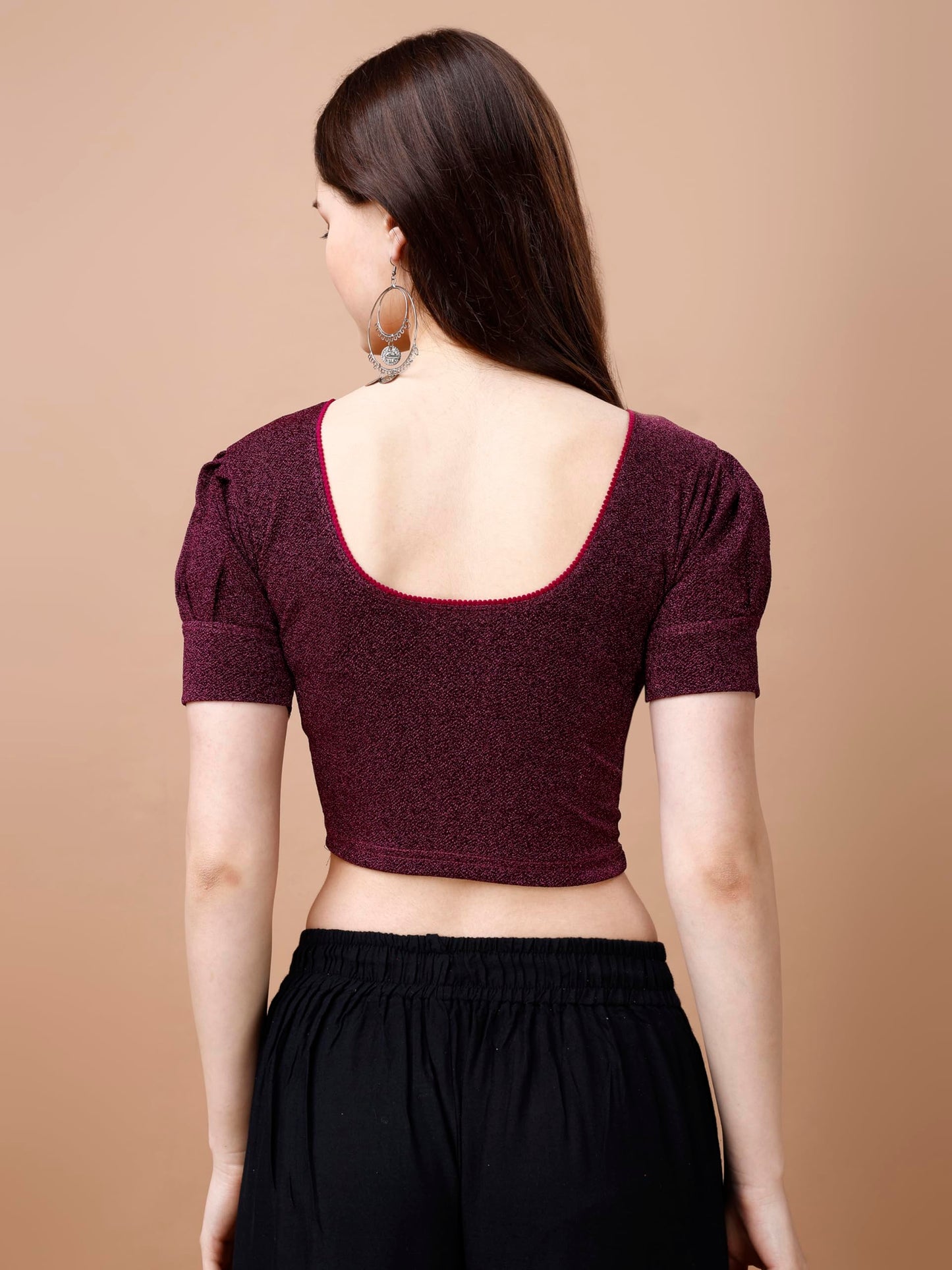 Pujia Mills WomenS Readymade Shining Lycra Stretchable Round Neck Half Puff Sleeve Blouses Lycra Stretchable Wine Color Blouse