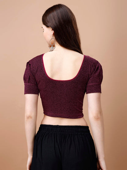 Pujia Mills WomenS Readymade Shining Lycra Stretchable Round Neck Half Puff Sleeve Blouses Lycra Stretchable Wine Color Blouse