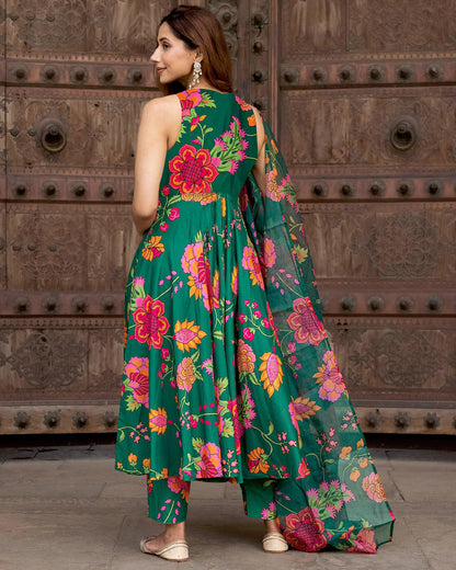 Gosriki WomenS Cotton Blend Printed Anarkali Kurta With Pant & Dupatta (Tanujashri Green-Gs_L_Green_Large)